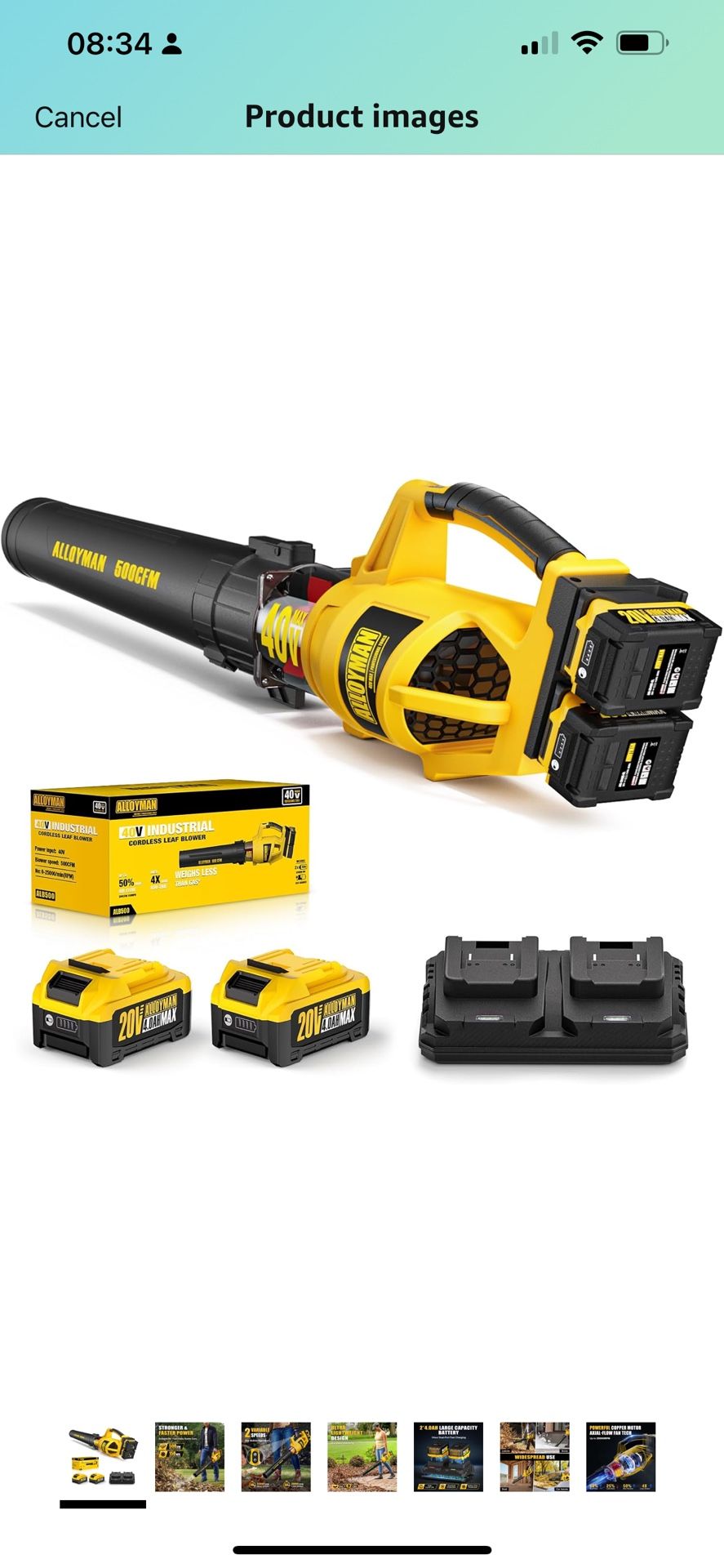 ALLOYMAN 40V Max Cordless Leaf Blower,500CFM Dual Battery Driven Blower with 2 * 4.0Ah Batteries & Fast Charger,2 Variable Speed Lightweight Battery P