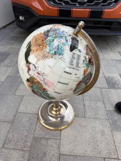 Vintage Style Gemstone World Globe on Brass Stand 23” Tall Home Office Decor