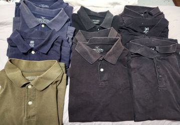 (10)- Polo style pullover casual short sleeved mens tops.
100% Cotton. 2 and 3 buttons. 1-M/M, 9- L/G & XL/XG.
Used conditions. *** PRICE IS FOR ALL 1