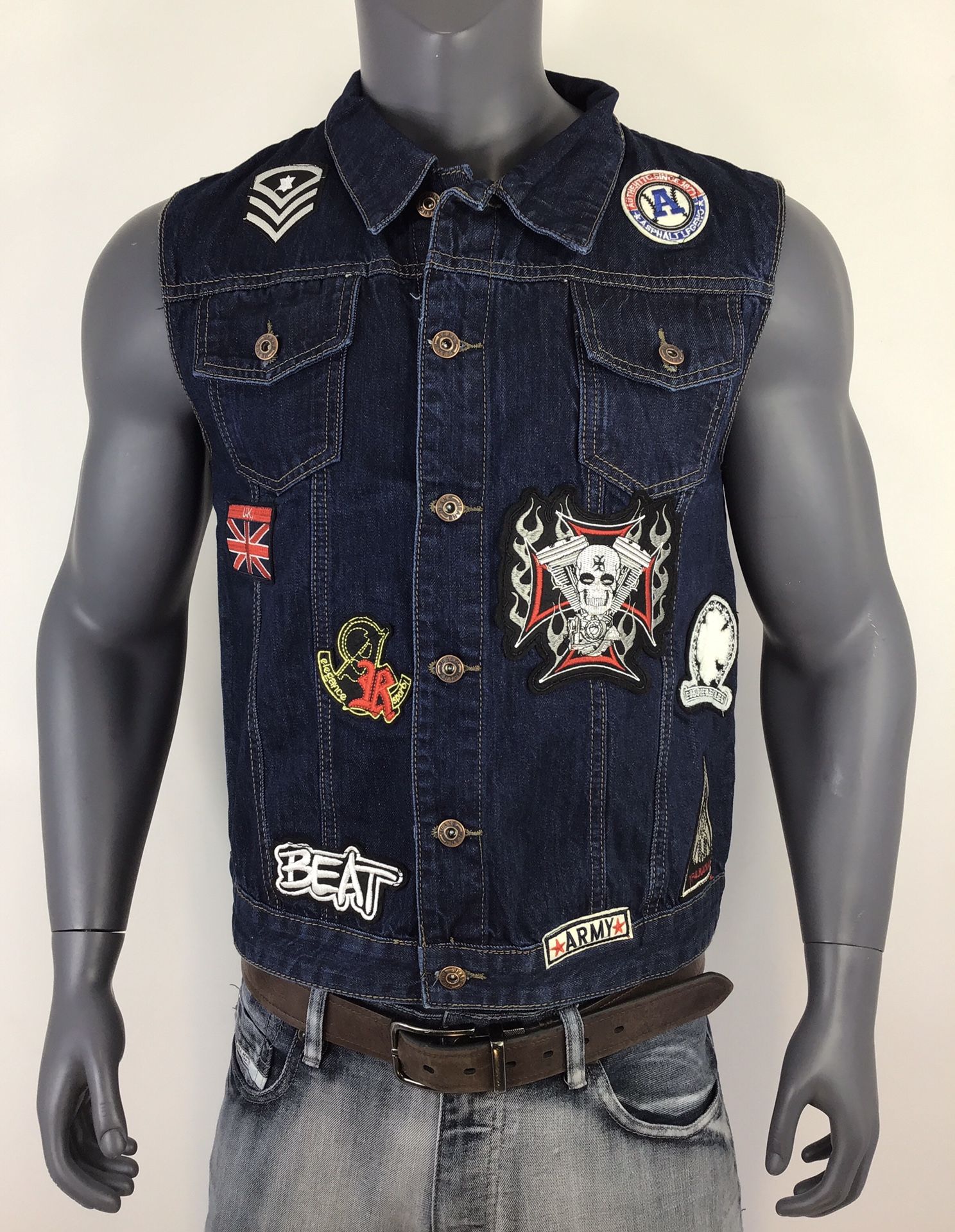 Patchwork Men Denim Vest Jacket Model 2 Size L