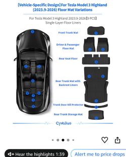 Floor Mats for Tesla Model 3 Highland 2024-2026, TPE Cargo Liner 9PCS All Weather TPE Floor Liners Backrest with Trunk Door Sill Protector for Model 3