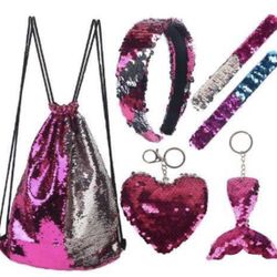 Mermaids Reversible Sequin Drawstring Backpack Gift, Party Bag Headband Keychain Bracelet