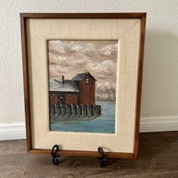 Vintage Framed Oil Painting of A Fisherman’s Shack In Harbor Scene 15/17 Inch 