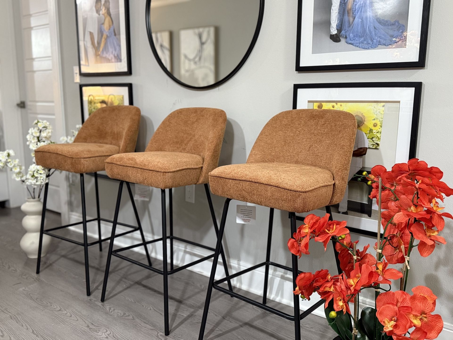 Set Of 3 Brown Bar Stools