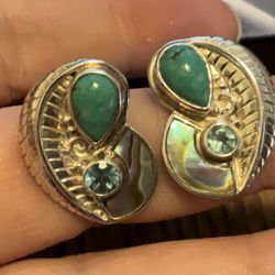 Sagen turquoise, abalone, blue topaz, sterling silver post earrings