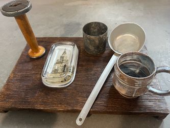 5 items vintage spool/ old ladle used in a water well New handmade mug etc