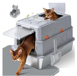 Enclosed Stainless Steel Litter Box, XL Covered MetalPan Includes Mat Scoop | Easy Cleaning Anti-Urine Leakage Non-Sticky Front Entry Top Exit IN EXCE