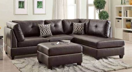 Dark Brown Leather Sectional Sofa with Ottoman