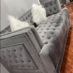 Grey Velvet Tufted Sofa Loveseat Set Nailhead Trim Accent Acrylic Legs Fur Pillows Included Brand New In Box Firm Price $1,140
