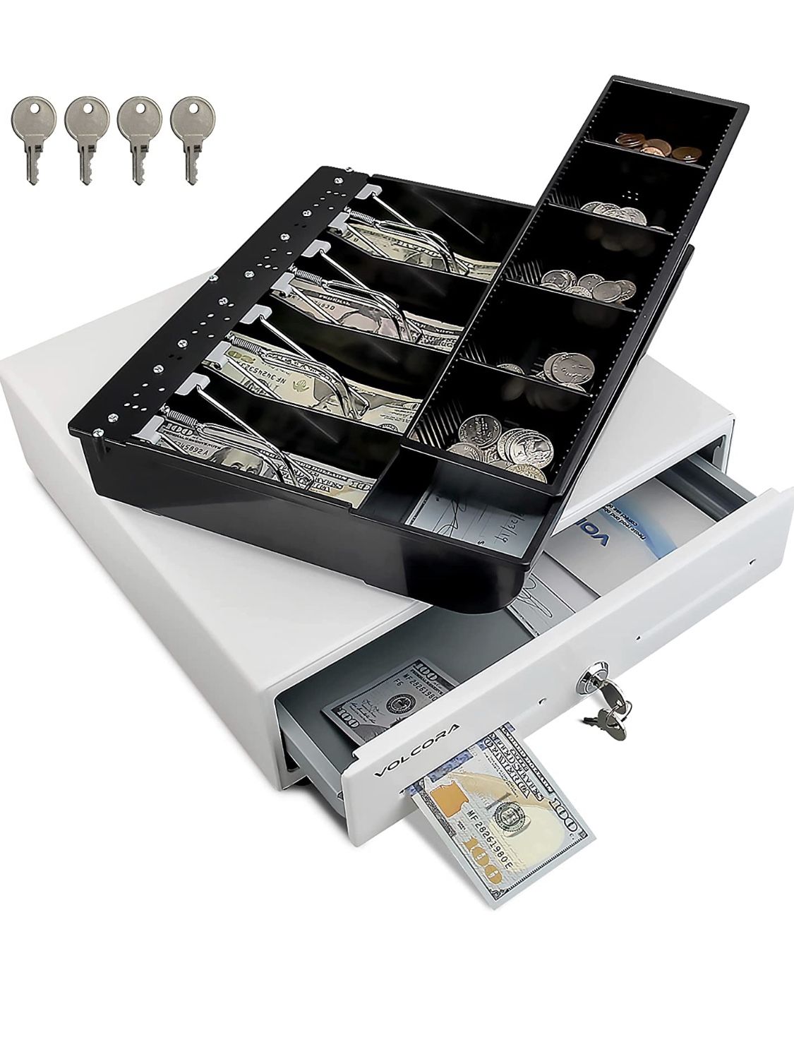 Mini Cash Register Drawer 13” for Point of Sale (POS) System with Fully Removable 2 Tier Cash Tray, 4 Bill/5 Coin, 24V, RJ11/RJ12 Key-Lock, Double Med
