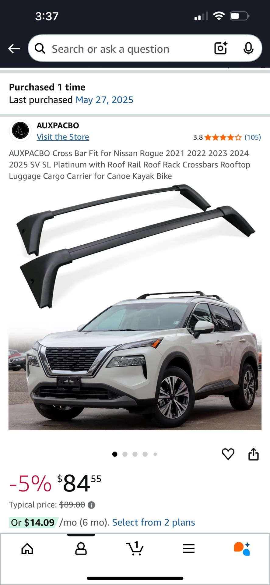 Cross Bar Roof Rail kit for 2021-2025 Nissan Rouge SV and SL