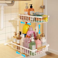 Under Sink Organizer, Height Adjustable Under Sink Organizers and Storage, 2 Tier Pull Out Drawer Cabinet Storage for Kitchen Bathroom, 1 Pack, White
