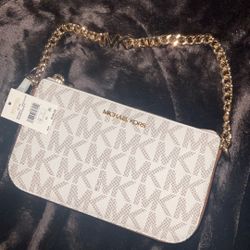 Jet Set Small Signature Logo Chain Pochette in VANILLA/LUGGAGE | Michael Kors