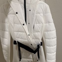 Michael Kors Belted Faux-Fur Trim Hooded White Puffer Coat
