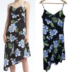 Banana Republic Strappy Asymmetrical Dress Black Floral Midi NEW Women's size 10