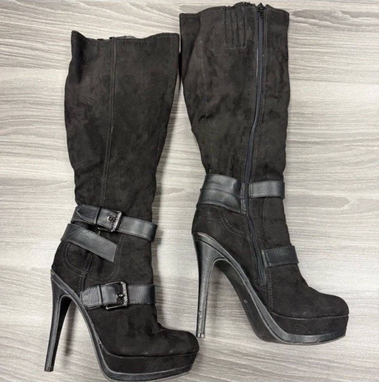 Women’s G by Guess Black Suede Knee-High Zipper Platform Boots Size 6.5 M