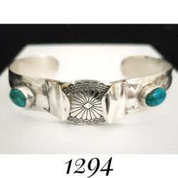 7" x 16mm Vintage Solid Sterling Silver Converted NAVAJO Handstamped Turquoise Watch Cuff w Concho Center