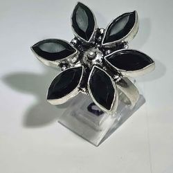 Sterling Silver Flower Ring Black Onyx Stones Size 8