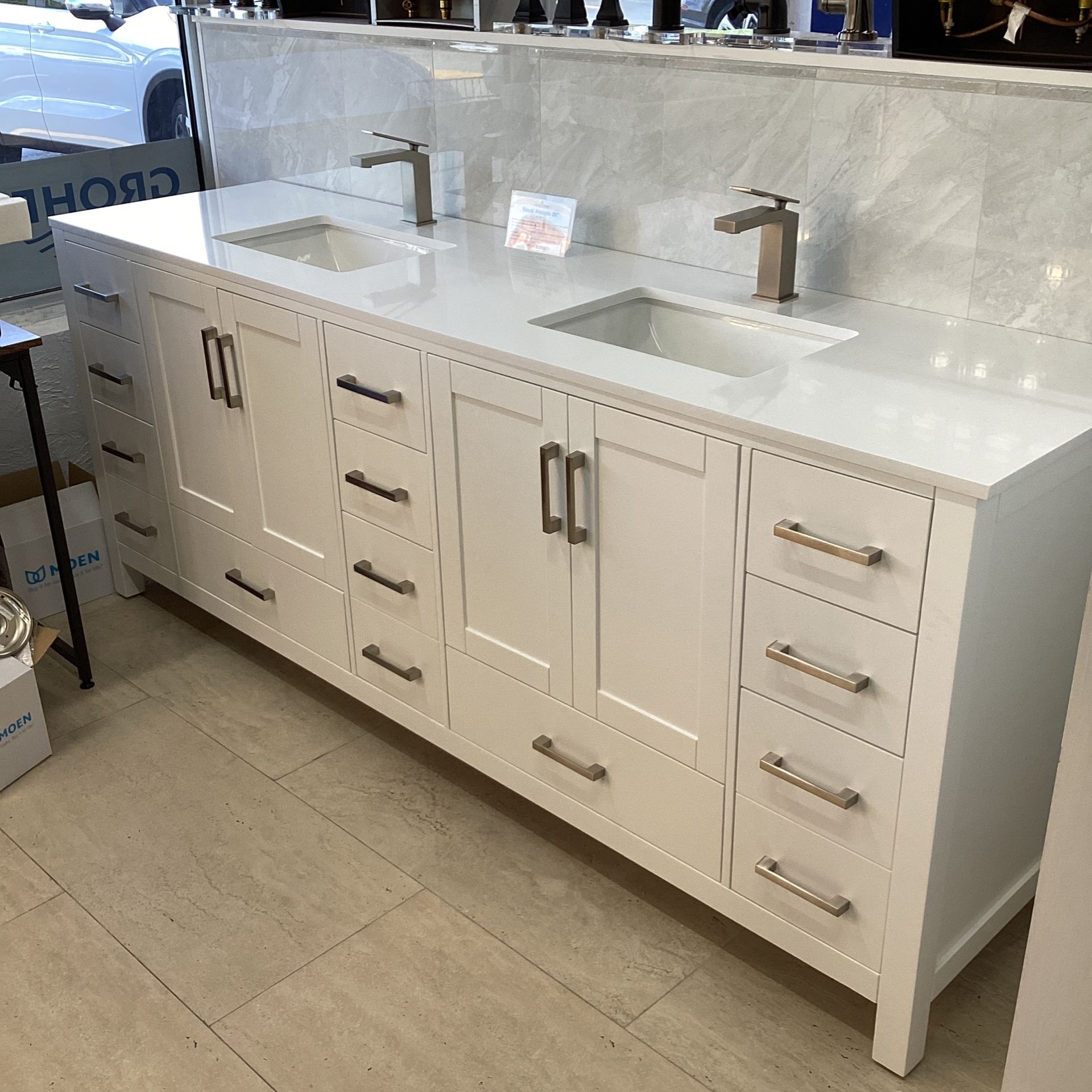 84” Bathroom Vanity Cabinet New Solid Wood Ceramic Quartz With 2 Double Sinks Top Softclose Drawers And Doors