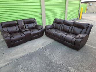 Leather Reclining Sofa & Loveseat Set with Center Console and Cup Holders