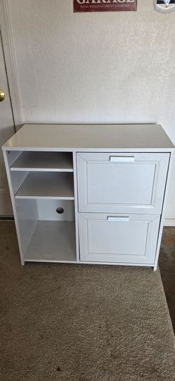 White Storage Cabinet with Drawers and Shelves