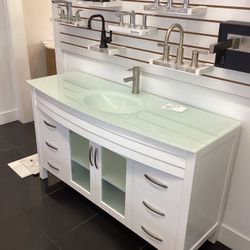 60” Bathroom Vanity Cabinet New Solid Wood Fully Assembled Softclose Drawers Doors Tempered Glass Top Sink Integrated Ready For Pick Up Today