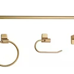 Dakota 4-Piece Bath Hardware Set with Towel Bar, Towel Ring, Robe Hook, Toilet Paper Holder in Matte Brass