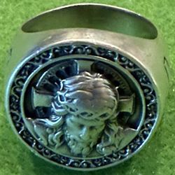 Men’s 925 Jesus Cross Relief Signet Ring Retro Vintage Rare Sterling