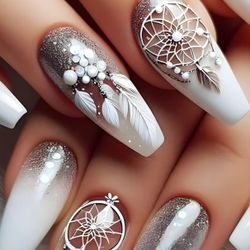 💕 24 Pcs White Dreamcatcher Glitter Design Medium Length Coffin Glossy Press on Nails