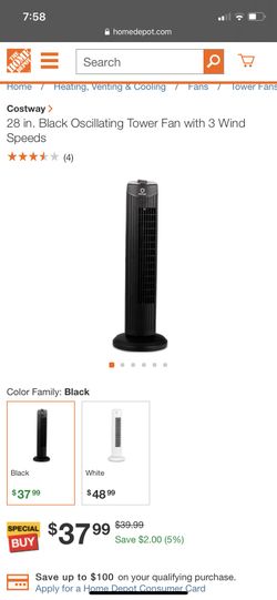 New 28 in. Black Oscillating Tower Fan with 3 Wind Speeds