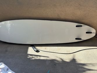 White Surfboard with Leash and Fin Boxes