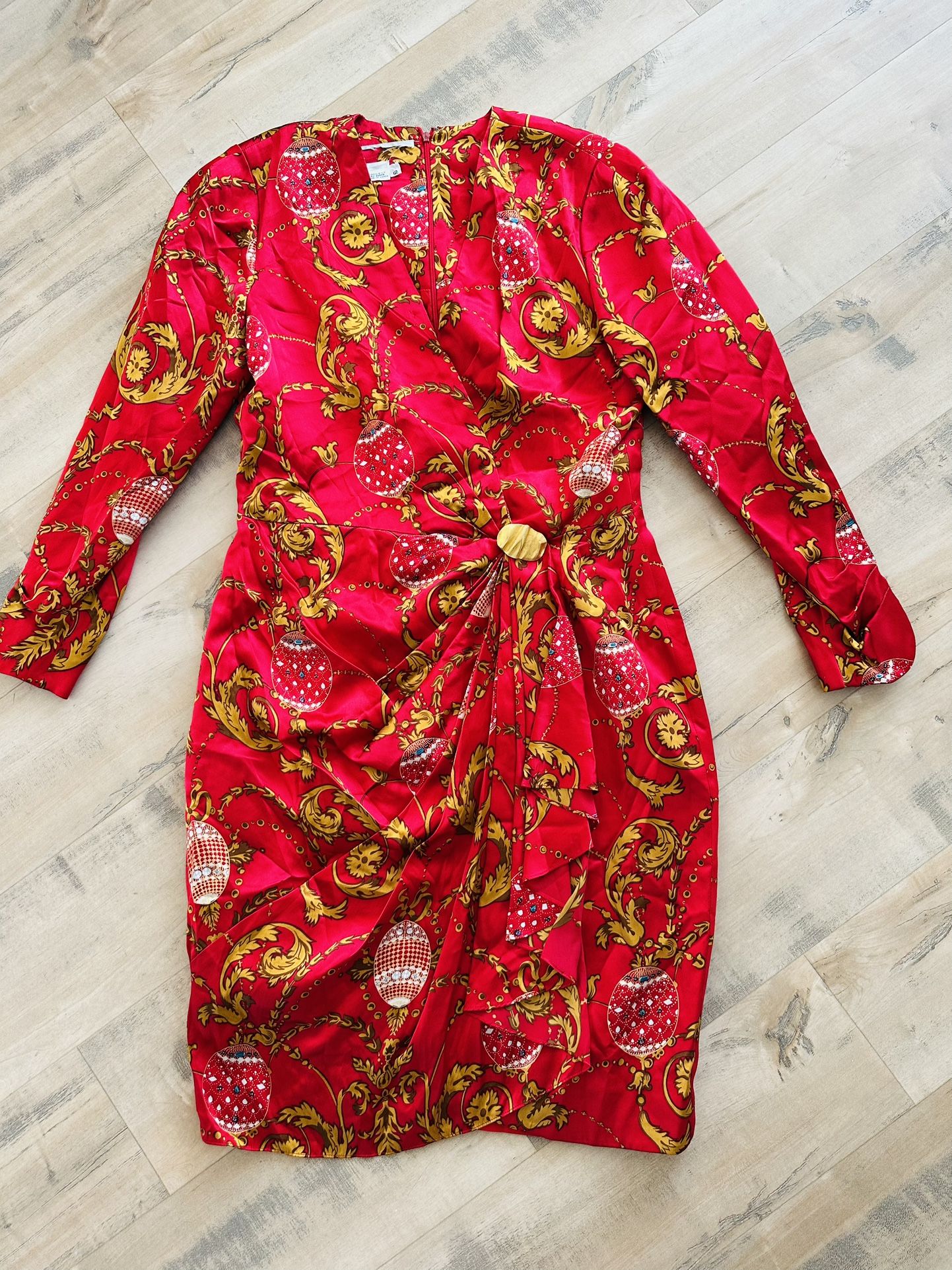 Vintage 100% Silk Dress Made in Korea | Baroque Red Gold Draped From Size 12