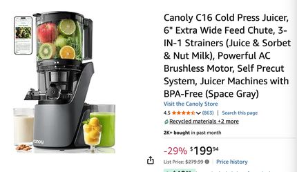 Canoly C16 Cold Press Juicer, 6" Extra Wide Feed Chute, 3-IN-1 Strainers (Juice & Sorbet & Nut Milk), Powerful AC Brushless Motor, Self Precut System,