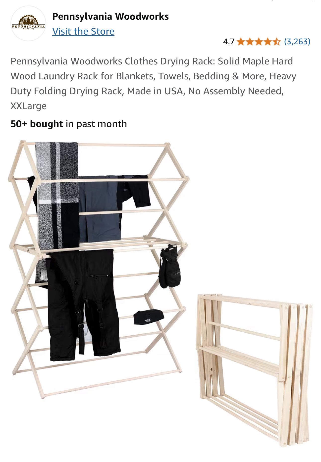 Pennsylvania Woodworks Clothes Drying Rack: Solid Maple Hard Wood Laundry Rack