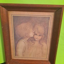 Vintage Margaret  Kane 1970 Print A Little Kiss Framed, Wood Glass-$55.00