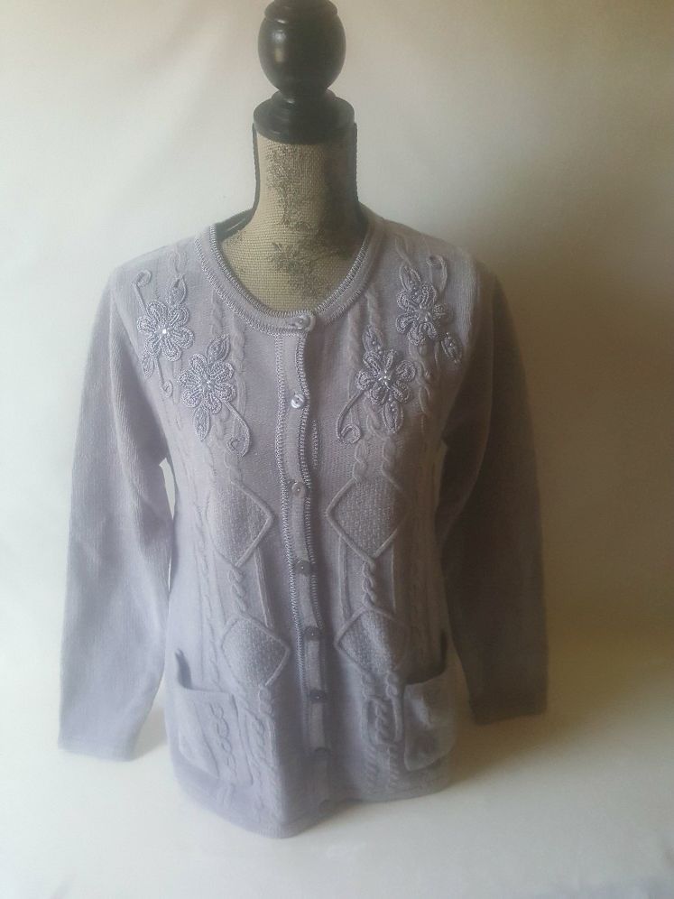 Jenny women's gray Floral Design cardigan sweater size S