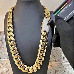 Set Chain & Bracelet 20mm Miami Cuban Link Yellow Gold Plated Chain Necklace 18k & 14k Crab Old School Diamond Lock