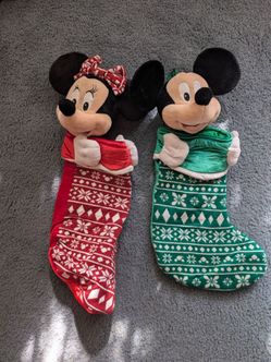 Disney Store Mickey & Minnie Mouse Greeen & Red Christmas Snowflake Stockings