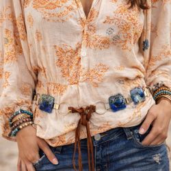 Artisan Vintage 1990s Blue Fused Glass & Silver Tone Boho Belt, 57”