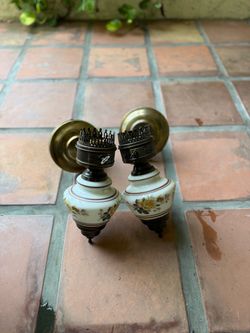Vintage Pair Floral Wall Sconces Brass Backplates White Ceramic, Corded Indoor