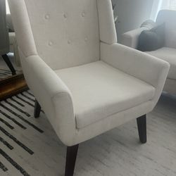 Beautiful Mid Century Linen Textured Upholstered Off White Tall Back Winged Sides Reading Lounge Chair (Deep Seat Cush 21” D  x 35” H x 27” W) 