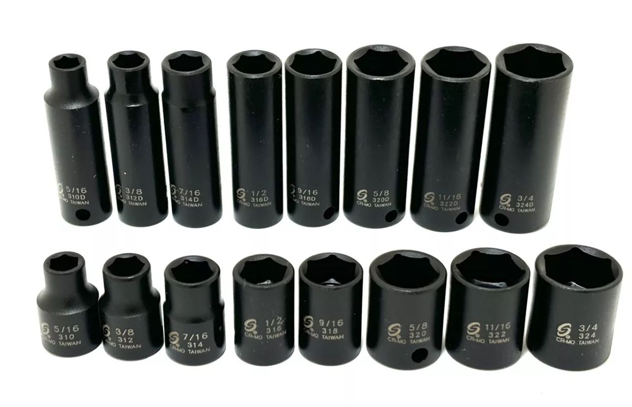SUNEX SAE 3/8 INCH DRIVE IMPACT SOCKET SET 16 PIECE 5/16” - 3/4” SHALLOW & DEEP