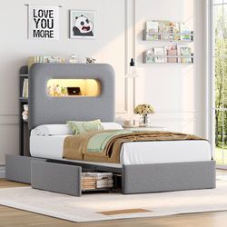 Twin LED Bed Frame with Storage Headboard and Charging Station, Boys Bed Frame with 2 Drawers and USB Ports, Velvet Upholstered Platform Bed Frame wit