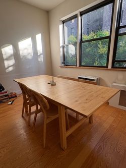 Dining table, chairs and bench