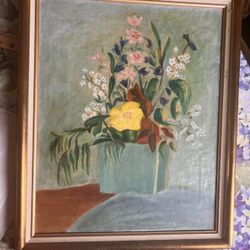 Original Vintage Floral Painting on Canvas • Framed