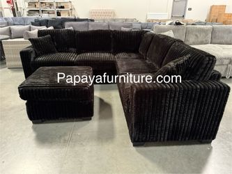 New Black Corduroy Sectional And Ottoman, Sectionals, Sofa, Couch, Black Couch, Black Sofa, Sectional Couch, Plush Sectional, Black Soft Sectional