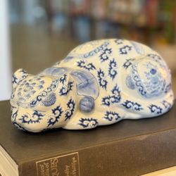 Blue and White Glazed Porcelain Sleeping Cat Sculpture