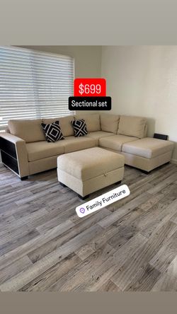 Beige Sectional Sofa Set with Ottoman