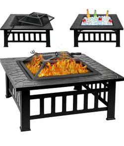 32 Inch Fire Pit Table with Fire Poker & Spark Screen, Outdoor Burning Fire Pits, 3 in 1 Metal Square Firepit Stove for Outside Heating, Bonfire Party