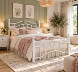 Queen bed Size Metal Bed Frame, Victorian Vintage Style, White
14 Inch, 3000LBS Heavy Duty Support, Iron-Art Headboard, Under-Bed Storage, No Box Spri